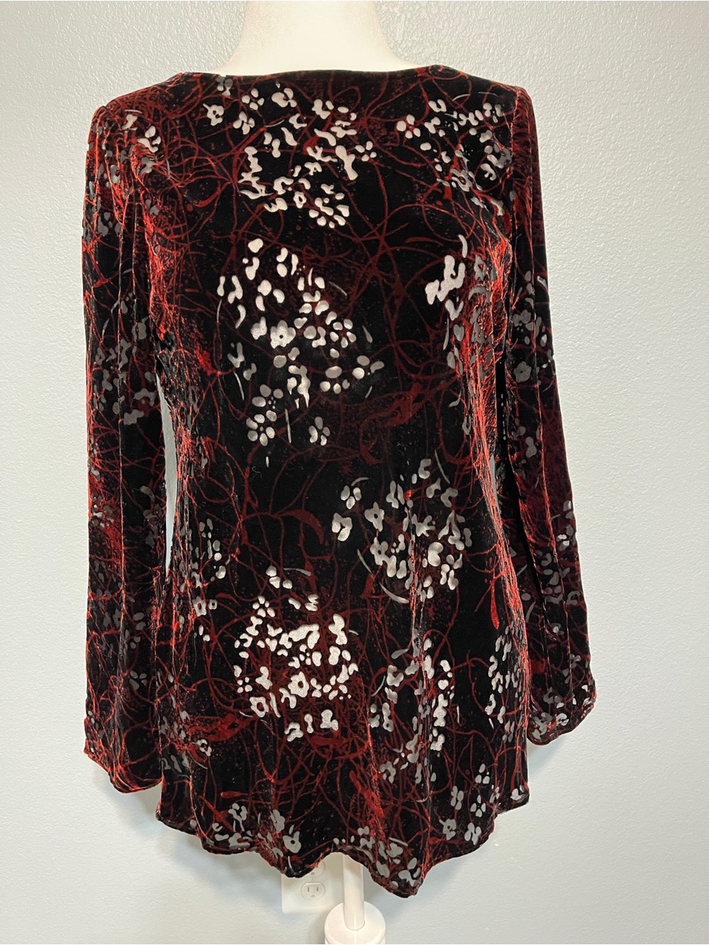 Carole Little Velvet Burnout Tunic Top Sheer Red Whimsigoth Y2K Witchy Size 12